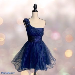 Masquerade Navy One-Shoulder Rose Tulle Dress